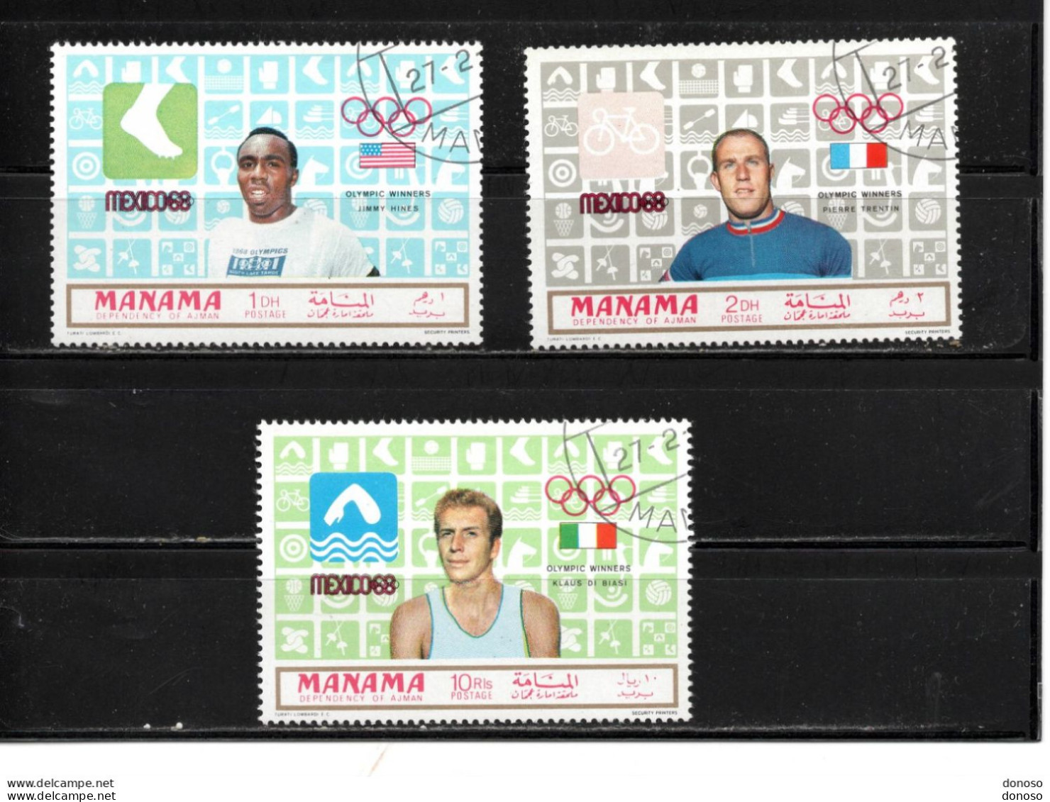 MANAMA 1969 Jeux Olympiques De Mexico, Médailles D'or, Sprint, Cyclisme, Natation Yvert 22, Michel 204-206 Oblitéré - Manama
