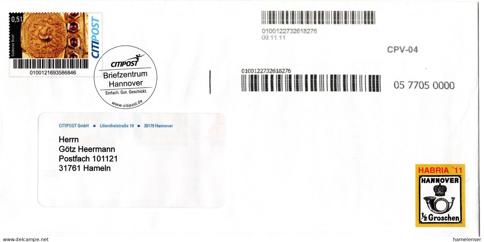 L78930 - Bund / Citipost Hannover - 2011 - €0,51 GAU Goldener Brief CITIPOST ... HANNOVER -> Hameln, M Inhalt - Private & Local Mails