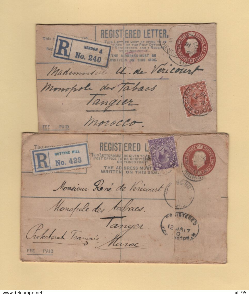 Destination Tanger Maroc - Lot De 2 Lettres Recommandees - Notting Hill - Hendon - Tabacs - Covers & Documents