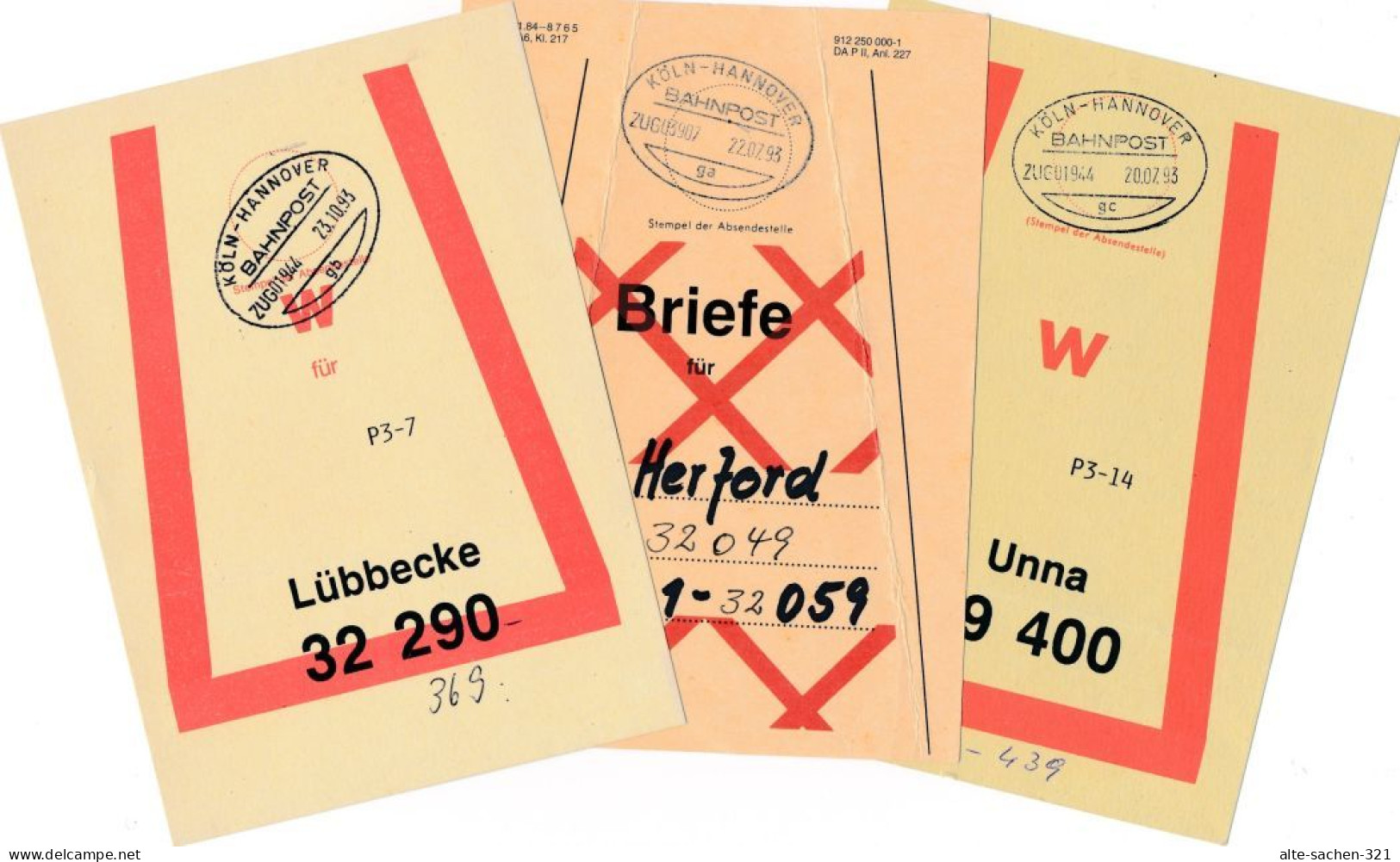 1993 3 Postvertrieb-Belege Herford Lübbecke Unna Bahnpoststempel Köln-Hannover - Oblitérés