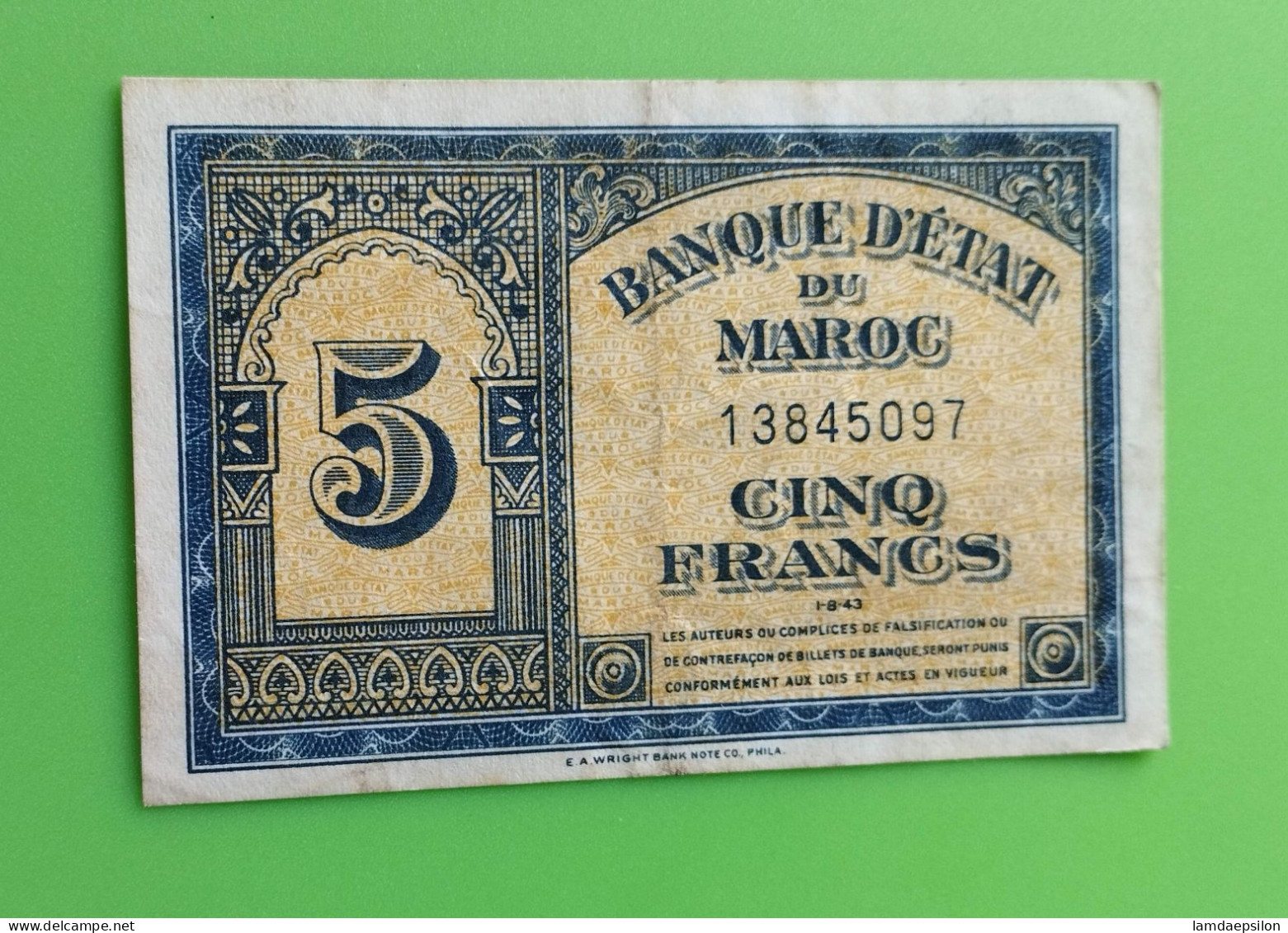 BANQUE D'ETAT DU  MAROC MOROCCO  MARRUECOS 5 FRANCS 01-08-1943..... - Morocco