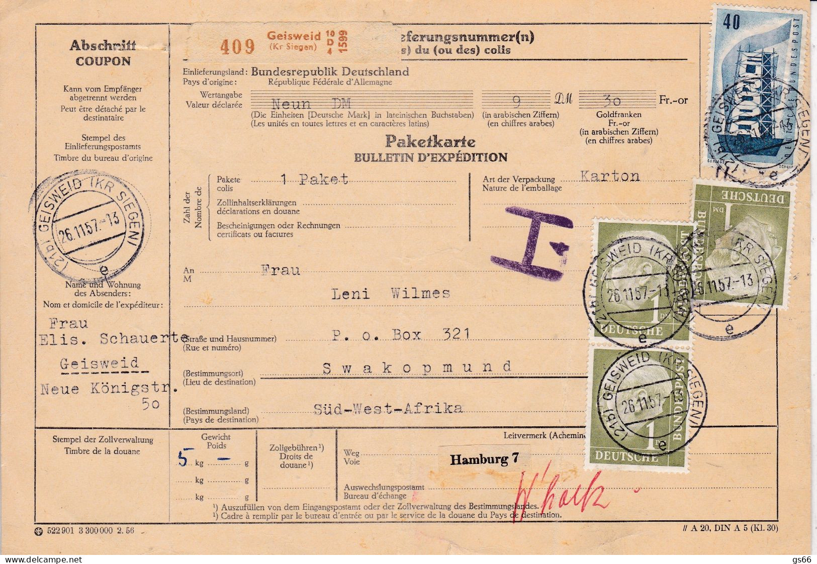 BRD, 1957, Geisweid Kreis Siegen, Paketkarte - Covers & Documents