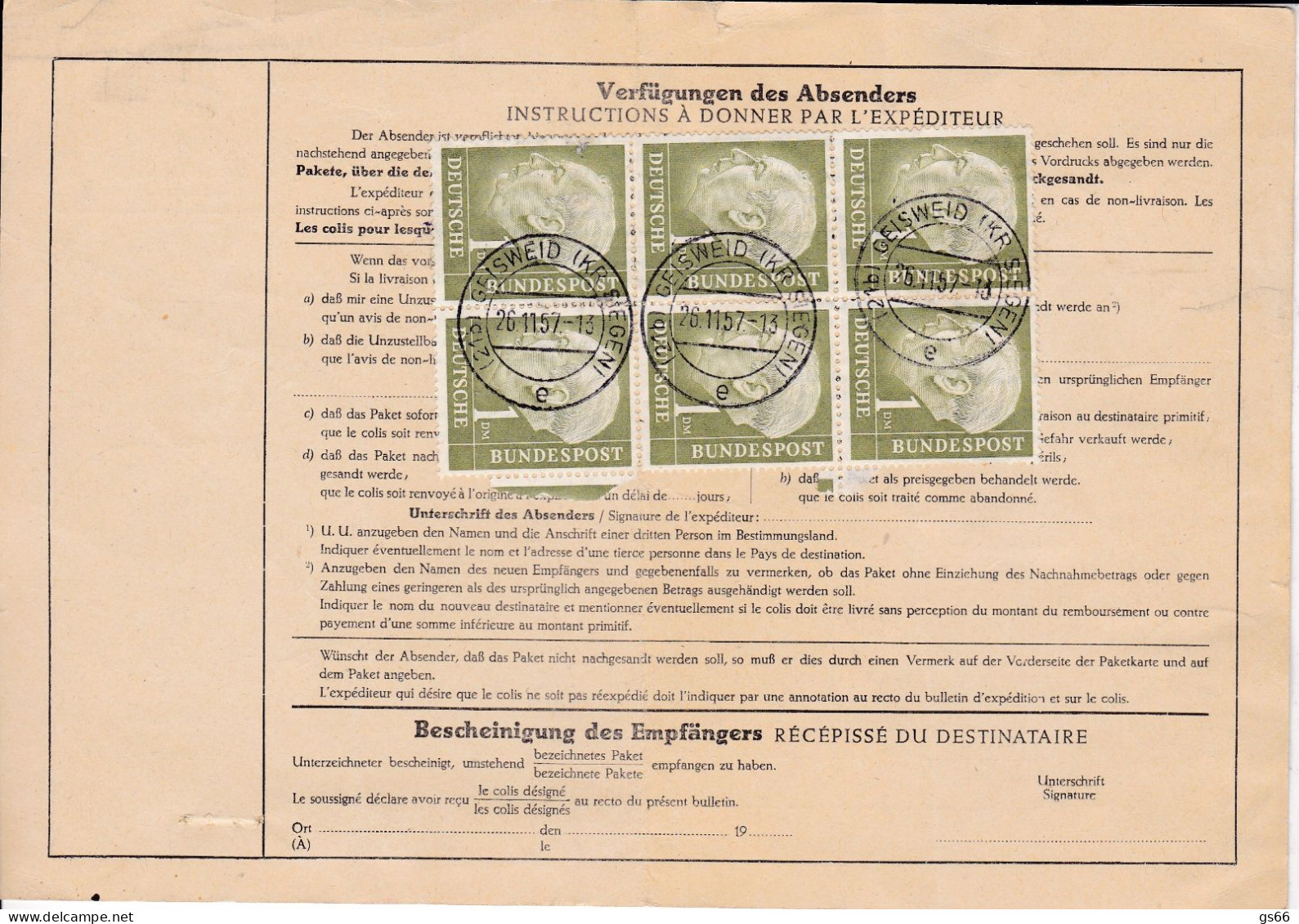 BRD, 1957, Geisweid Kreis Siegen, Paketkarte - Lettres & Documents
