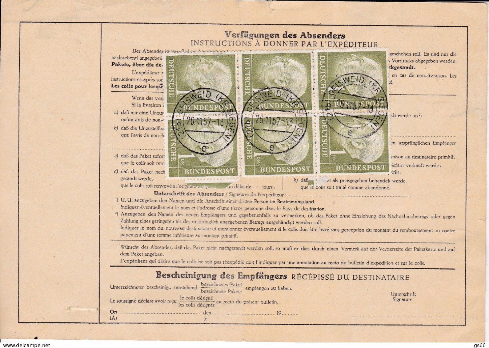 BRD, 1957, Geisweid Kreis Siegen, Paketkarte - Covers & Documents