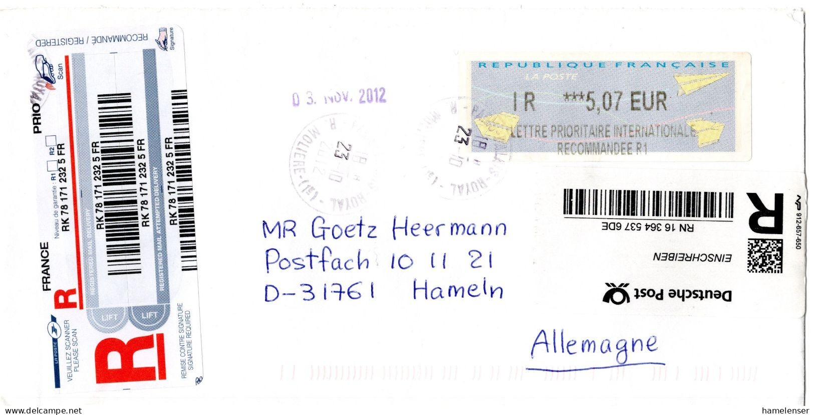 L78936 - Frankreich - 2012 - €5,07 ATM EF A R-Bf PARIS -> Deutschland - Lettres & Documents