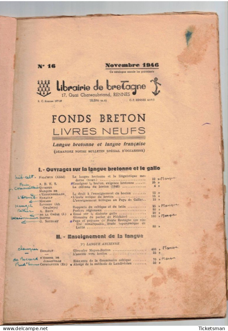 Catalogue Sacré Librairie De Bretagne Rennes Hiver 1946 'En Son Jus" - Non Classés