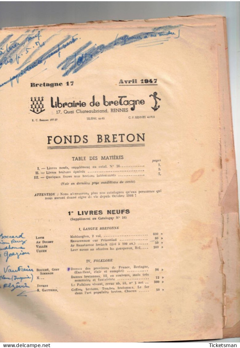 Catalogue Sacré Librairie De Bretagne Rennes Hiver 1946 'En Son Jus" - Unclassified