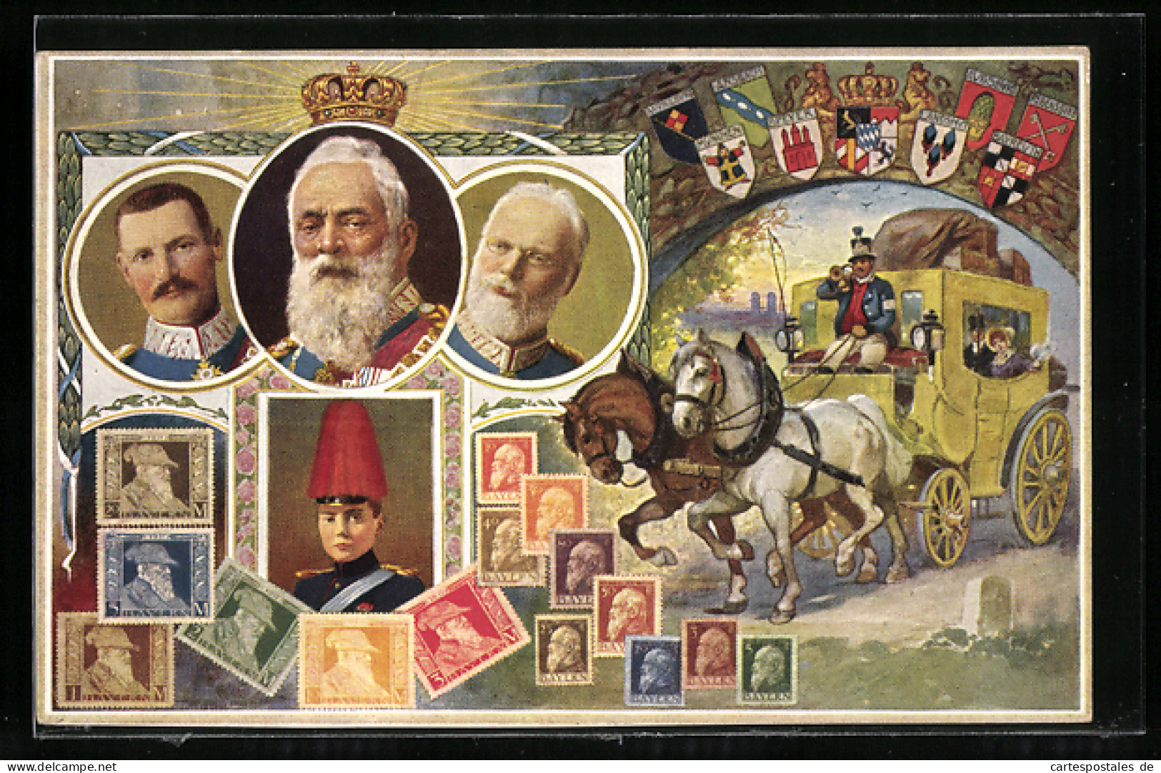 AK Portrait Prinzregent Luitpold, Bayerische Briefmarken, Postkutsche, Wappen  - Familles Royales