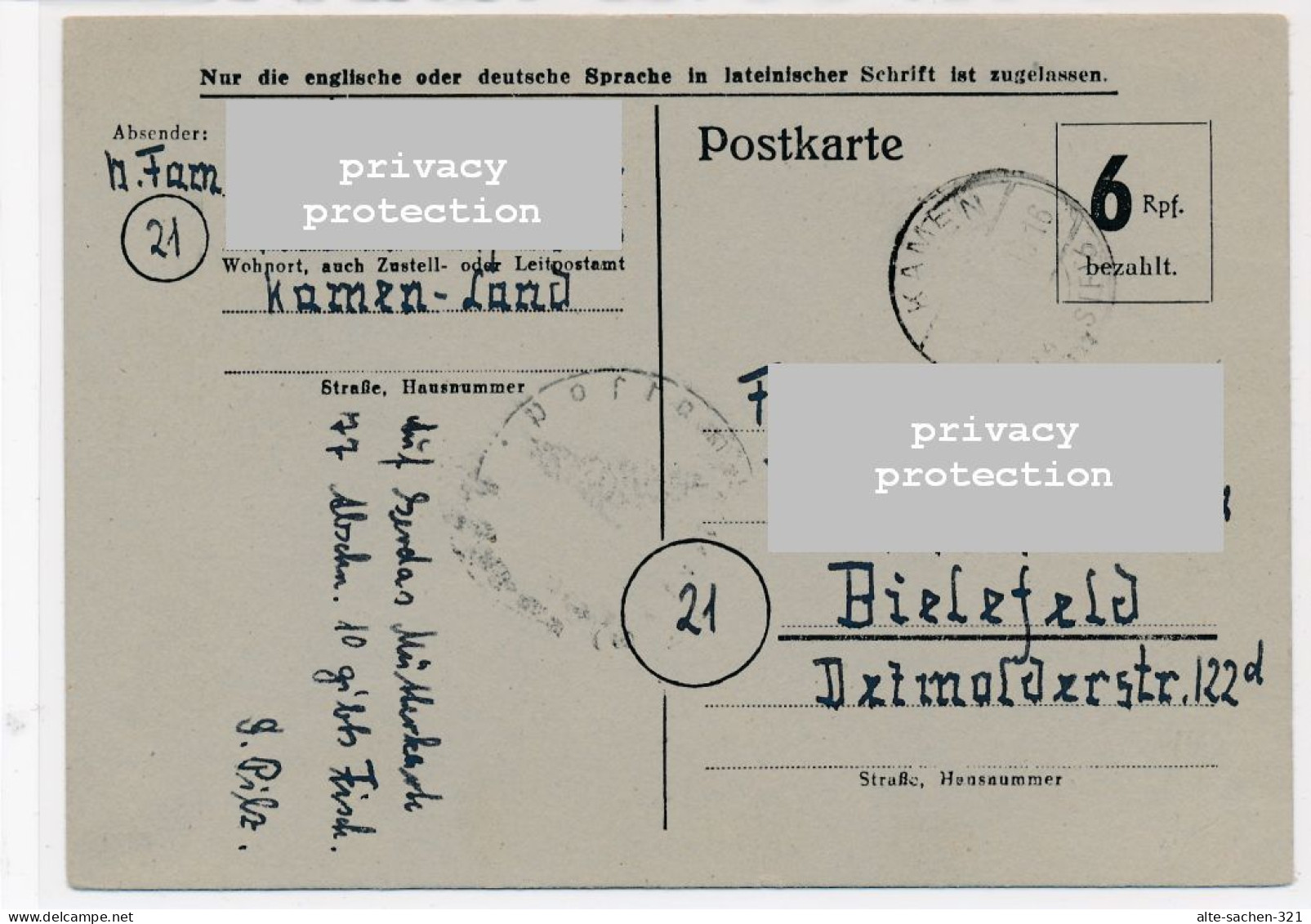 1945 Notpostkarte Ganzsache Behelfspostkarte Alliierte Besetzung Kamen > Bielefeld Britische Zone - Emergency Issues British Zone