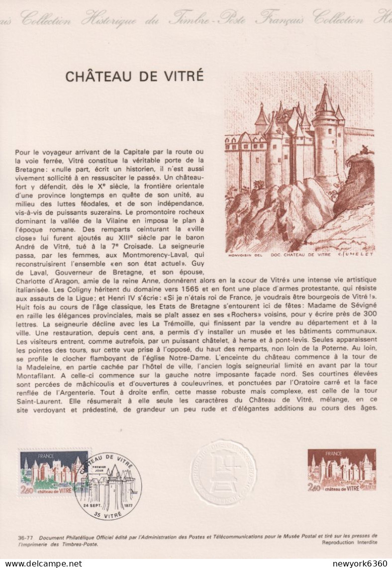 1977 FRANCE Document De La Poste Chateau De Vitré  N° 1949 - Documents Of Postal Services