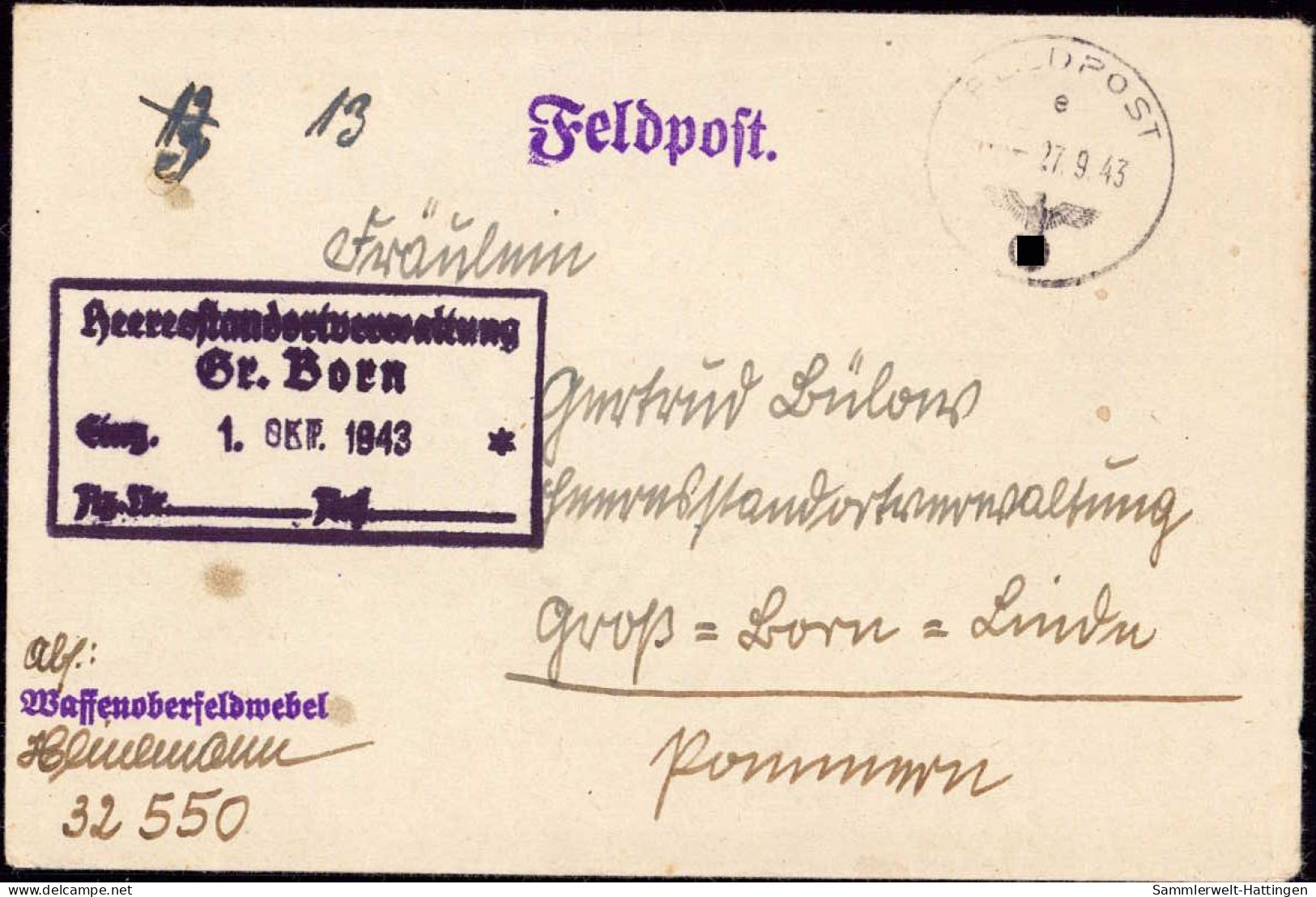 604283 | Pommern, Brief Mit Dienststempel Der Heeresstandort Verwaltung Des Truppenübungsplatz Gross Born  | - Lettres & Documents