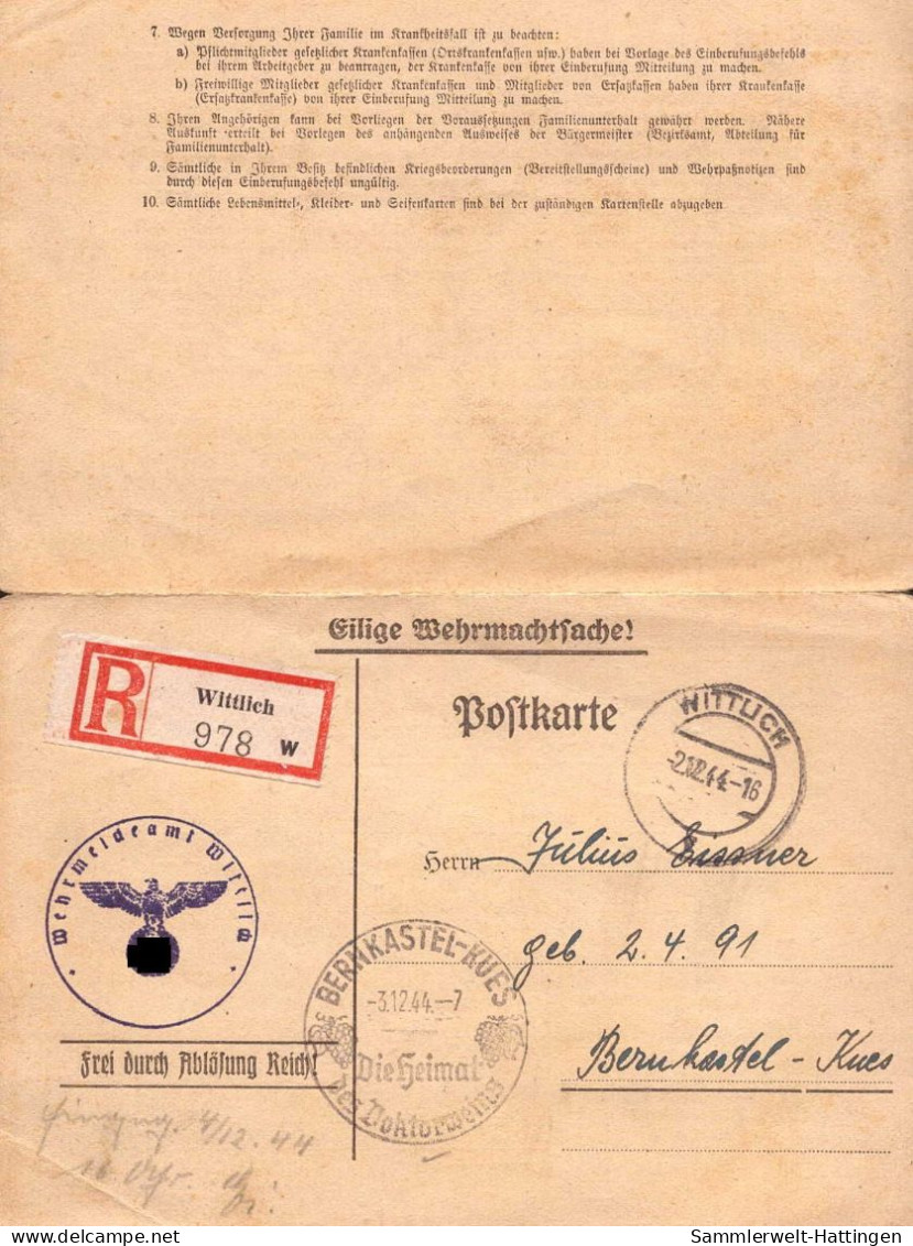 604275 | Postkarte Per Einschreiben Mit Einberufungsbefehl Zur Polizei, Erh. 3. Angetrennt | Wittlich (W 5560) - Lettres & Documents