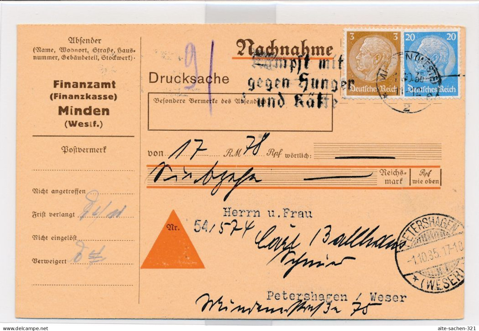 1935 Zahlkarte Nachnahme Deutsches Reich Minden Petershagen - Oblitérés