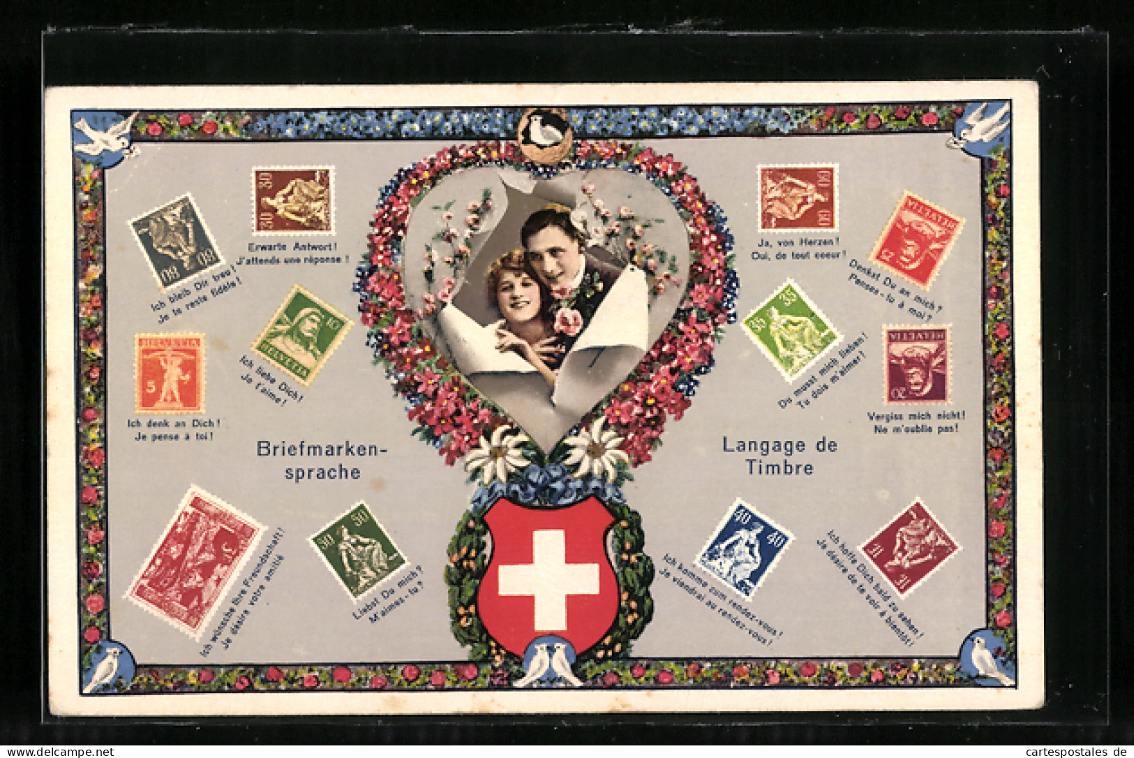 AK Briefmarkensprache, Ich Liebe Dich!, Erwarte Antwort, Ja, Von Herzen, Liebespaar  - Stamps (pictures)