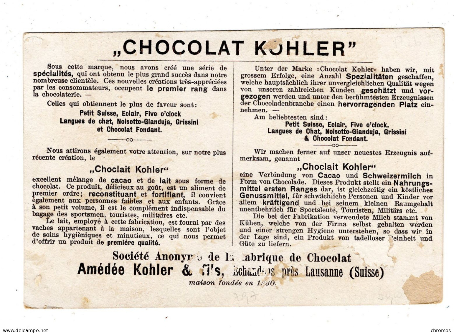 Chromo Chocolat Kohler, Lausanne, Suisse, Format Carte Postale - Autres & Non Classés