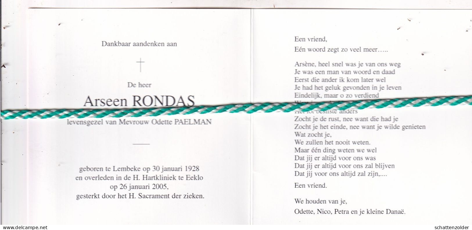 Arseen Rondas-Paelman, Lembeke 1928, Eeklo 2005. Foto - Décès