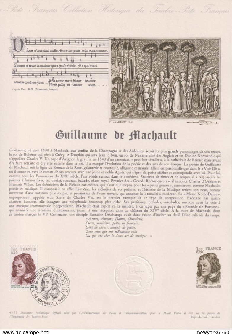 1977 FRANCE Document De La Poste Guillaume De Machault N° 1955 - Documents Of Postal Services