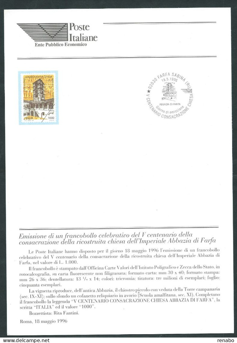 Italia 1996; Bollettino Ufficiale Delle Poste Italiane: "Chiesa Dell' Imperiale Abbazia Di Farfa" - 1991-00: Neufs