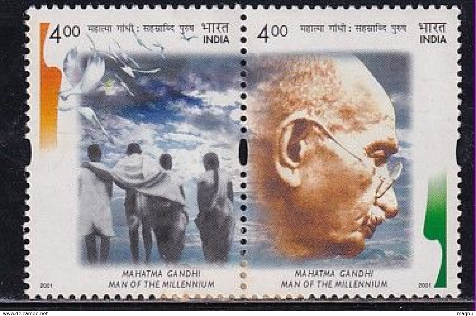 India MNH 2001, Se-tenent Of 2, Gandhi, Man Of Millennium, (cond., Partial Paper Stuck) - Unused Stamps
