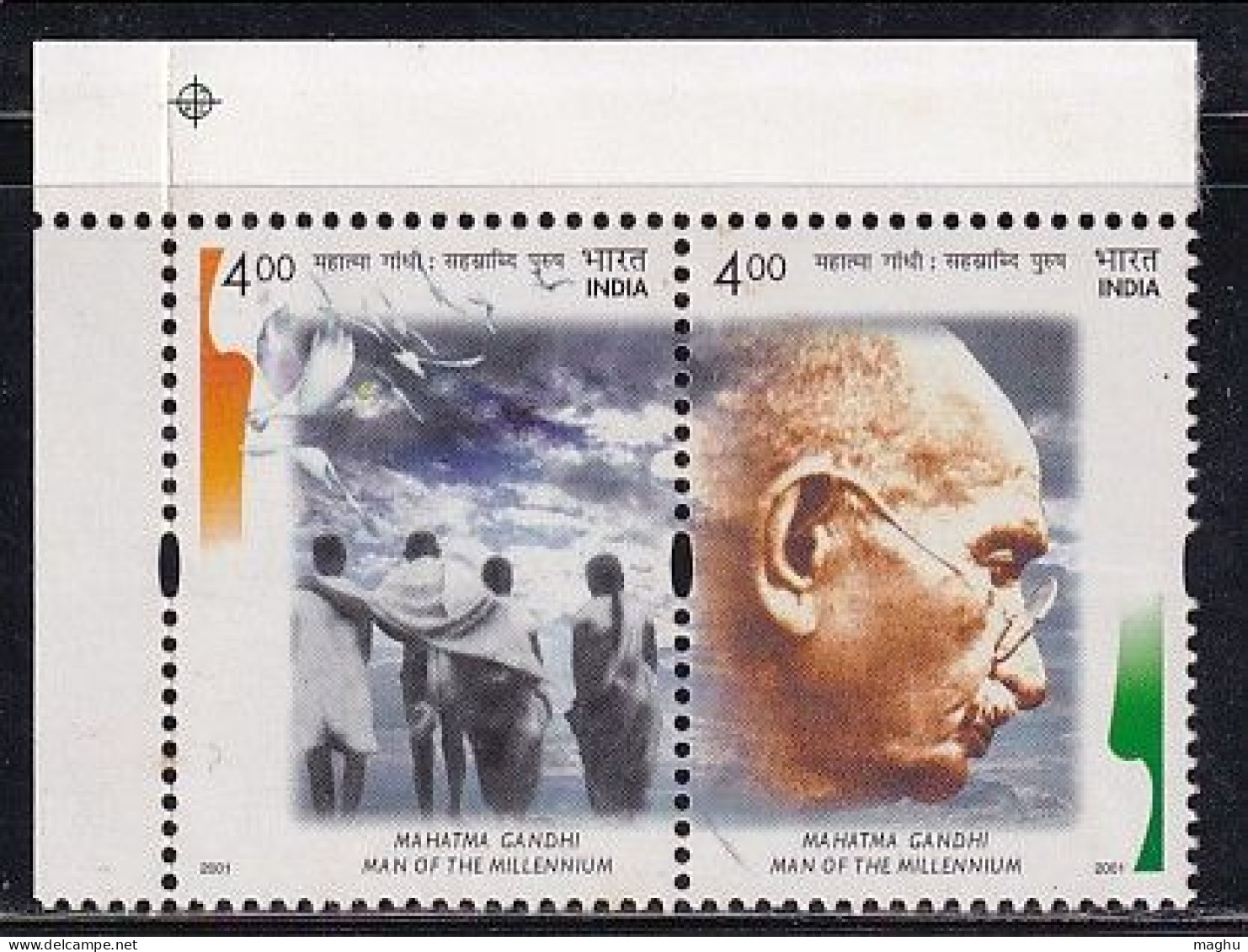 India MNH 2001, Se-tenent Of 2, Gandhi, Man Of Millennium, Cond., Few Brown Spots - Neufs