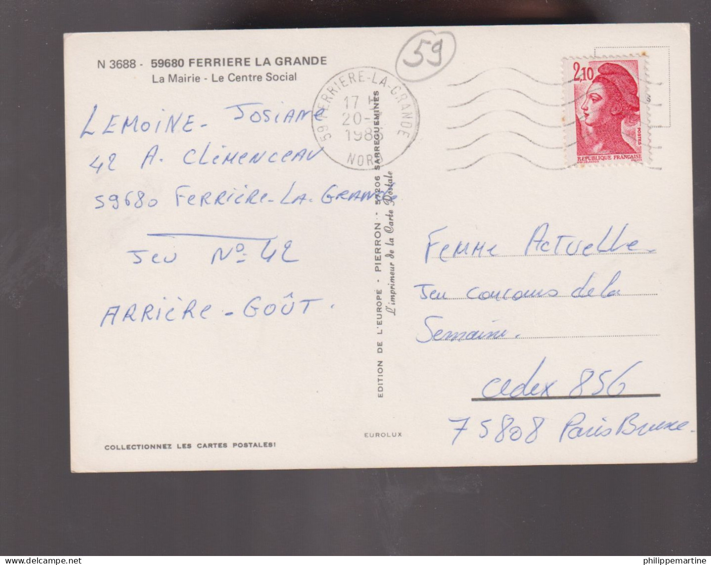 59 - Ferrière Le Grande : La Mairie - Le Centre Social - Voitures (Renault 4L, Citroën Ami 6... - Autres & Non Classés