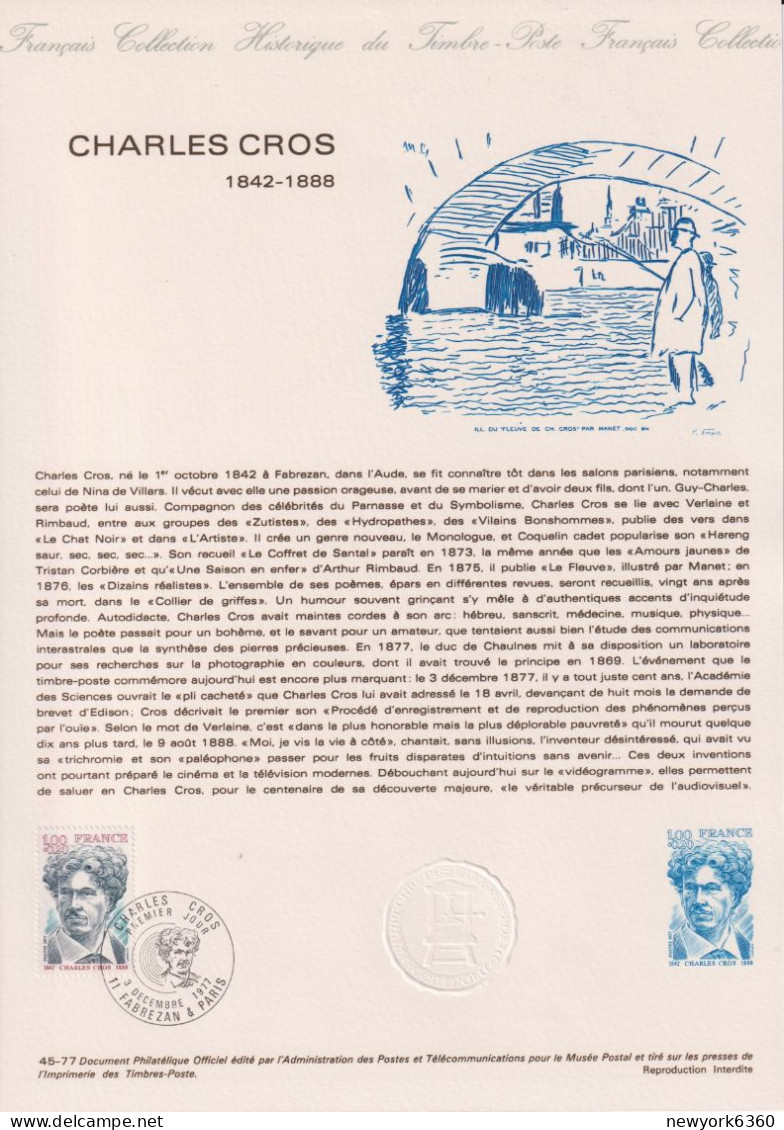 1977 FRANCE Document De La Poste Charles Cros N° 1956 - Documents Of Postal Services