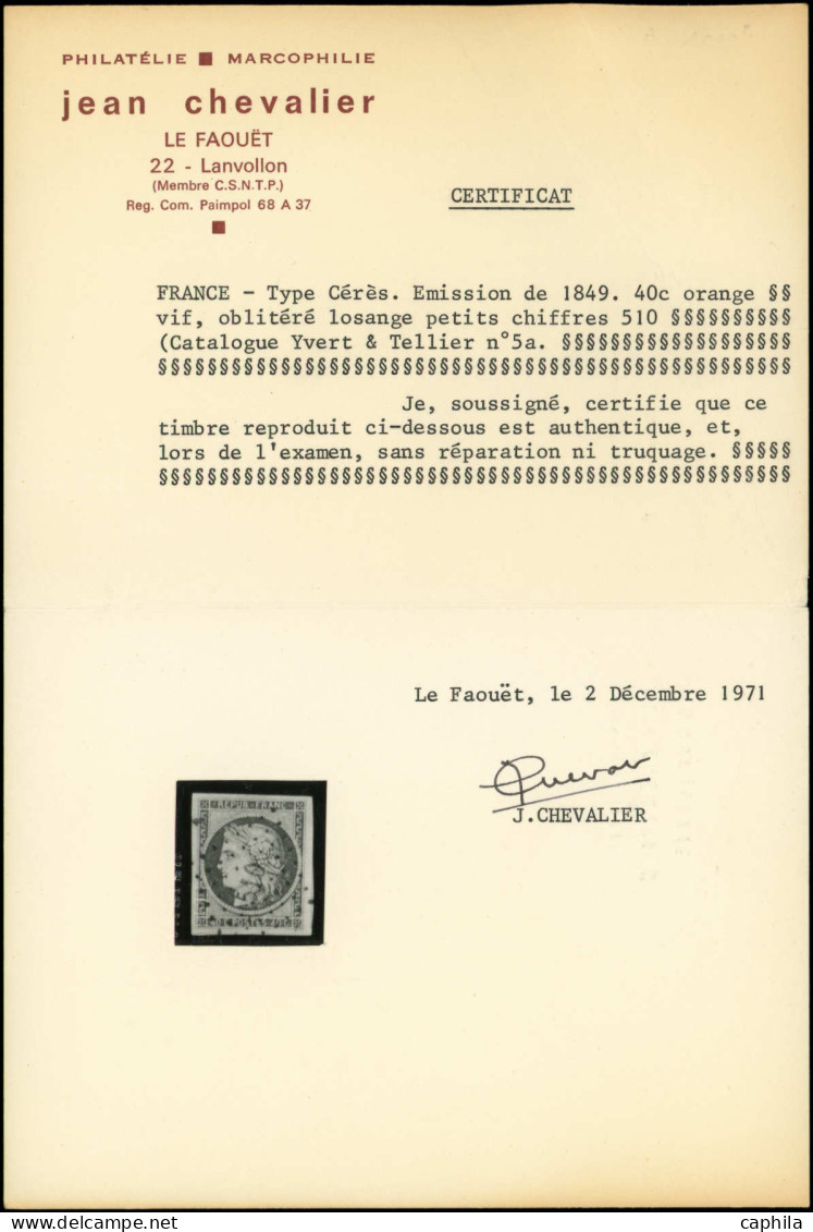 O FRANCE - Poste - 5a, Tb, Marges, Certificat Chevalier: 40c. Orange Vif - 1849-1850 Cérès