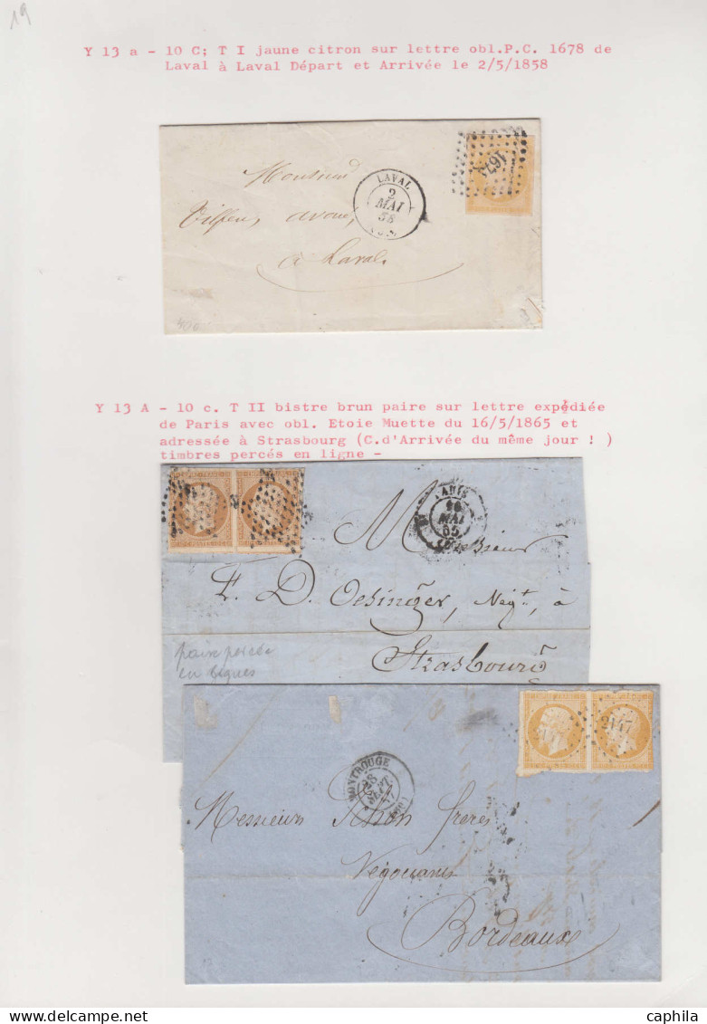 O FRANCE - Poste - 13, Type I Et II, Petite étude De 26 Unités, 3 Paires Et 2 Lettres, Nuances, Oblitérations, Dont Pair - 1853-1860 Napoléon III.