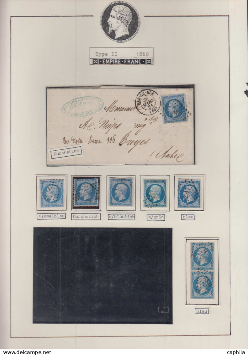 LOT FRANCE - Poste - 14A/14B, Ensemble De 33 Unités Et 2 Paires, Plus 14 Lettres, Nuances Dont Bleu S. Vert, Piquages, O - 1853-1860 Napoléon III.