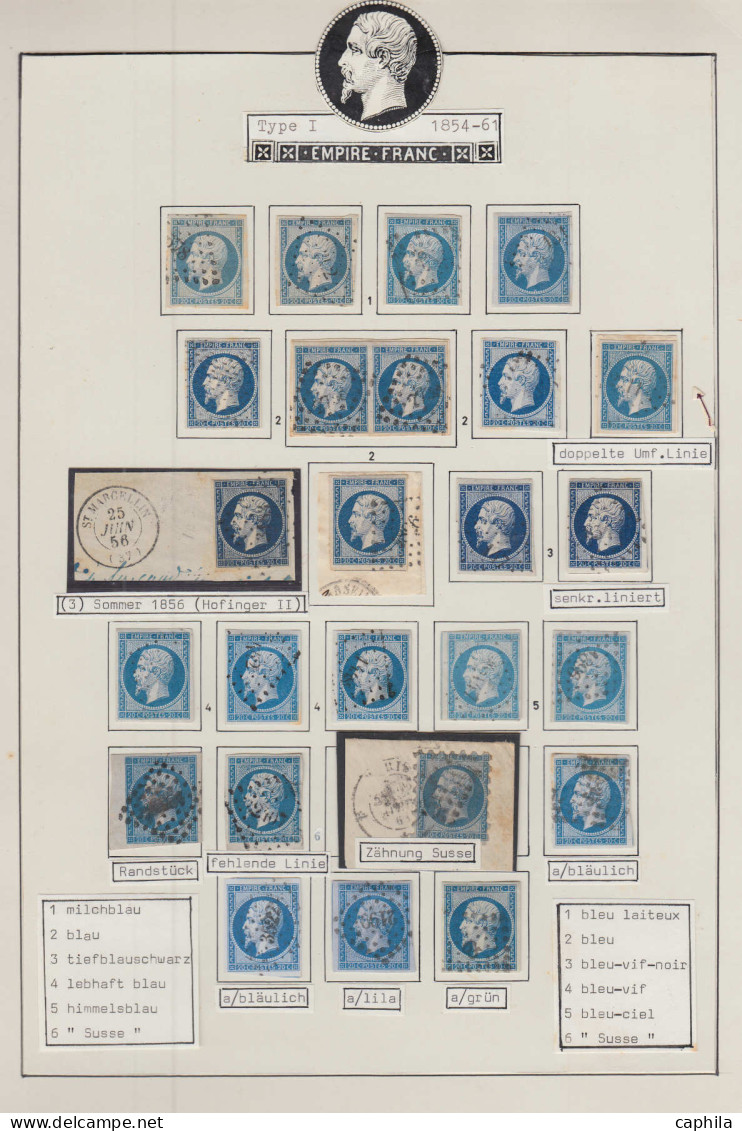 LOT FRANCE - Poste - 14A/14B, Ensemble De 33 Unités Et 2 Paires, Plus 14 Lettres, Nuances Dont Bleu S. Vert, Piquages, O - 1853-1860 Napoléon III.