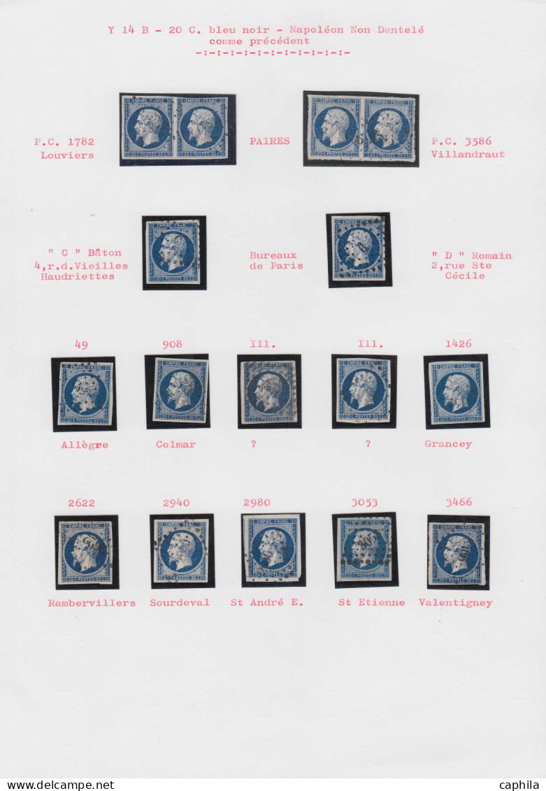 O FRANCE - Poste - 14, Type I Et II, Petite étude De 43 Unités, 8 Paires, Une Bande De 3, Et 3 Lettres, Nuances, Oblitér - 1853-1860 Napoléon III