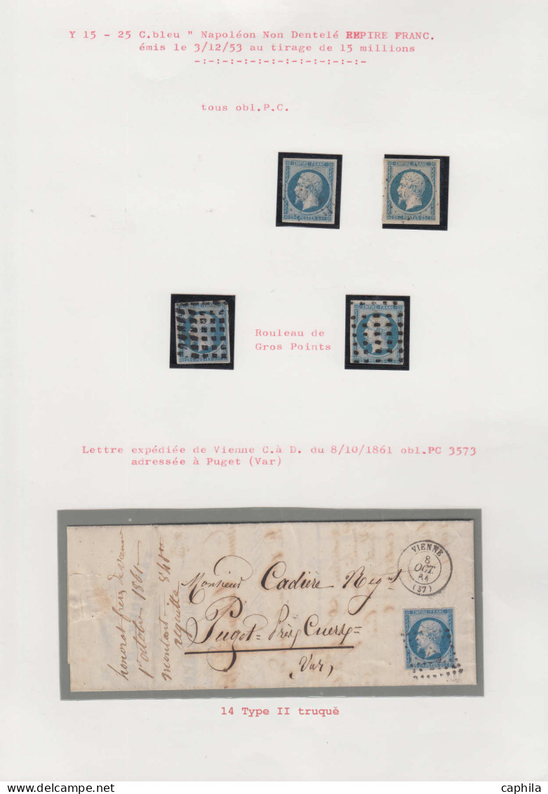 O FRANCE - Poste - 15, 4 Exemplaires Oblitérés PC (2), Et Gros Points (2), B/TB: 25c. Bleu - 1853-1860 Napoleon III