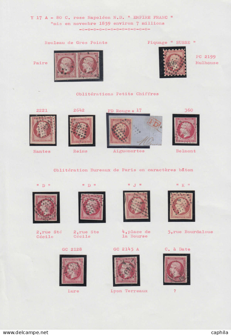 O FRANCE - Poste - 17A/17B, étude Sur 19 Unités, 2 Paires, Une Lettre Et Un Devant, Nuances Et Oblitérations Diverses Do - 1853-1860 Napoléon III