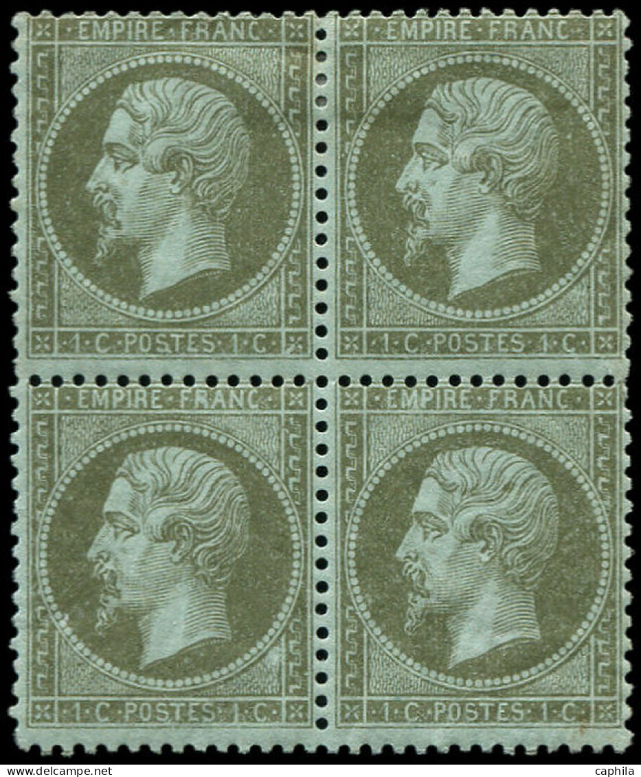 * FRANCE - Poste - 19, Bloc De 4 (paire Inférieure **): 1c. Olive - 1862 Napoléon III