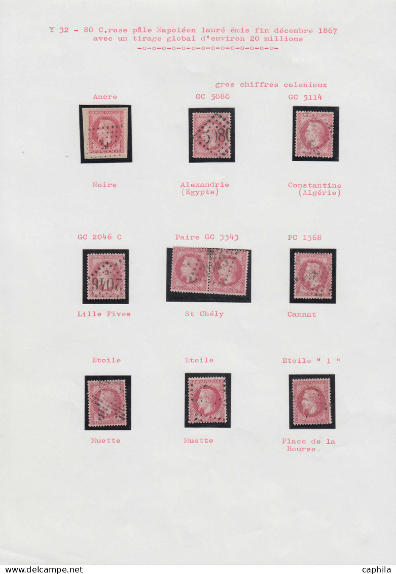 O FRANCE - Poste - 32, 7 Unités Et Bande De 3, Oblitérations Diverses Dont GC 5080 Et Ancre - 1863-1870 Napoleon III With Laurels