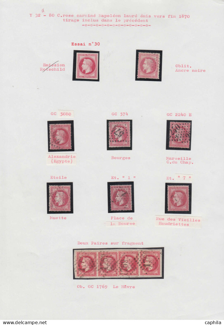O FRANCE - Poste - 32, 7 Unités Et Bande De 3, Oblitérations Diverses Dont GC 5080 Et Ancre - 1863-1870 Napoléon III Lauré