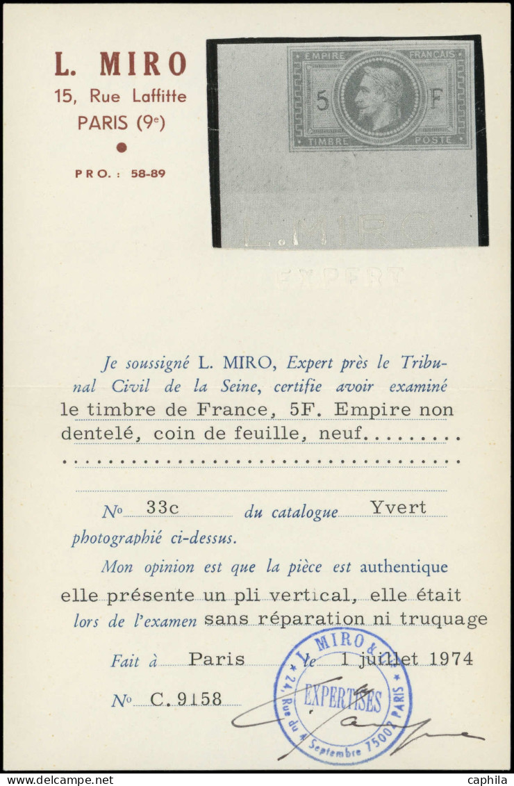 ** FRANCE - Poste - 33c, Non Dentelé, Cdf, Pli Vertical Sinon Tb, Signé Brun + Certificat Miro - 1863-1870 Napoléon III Lauré