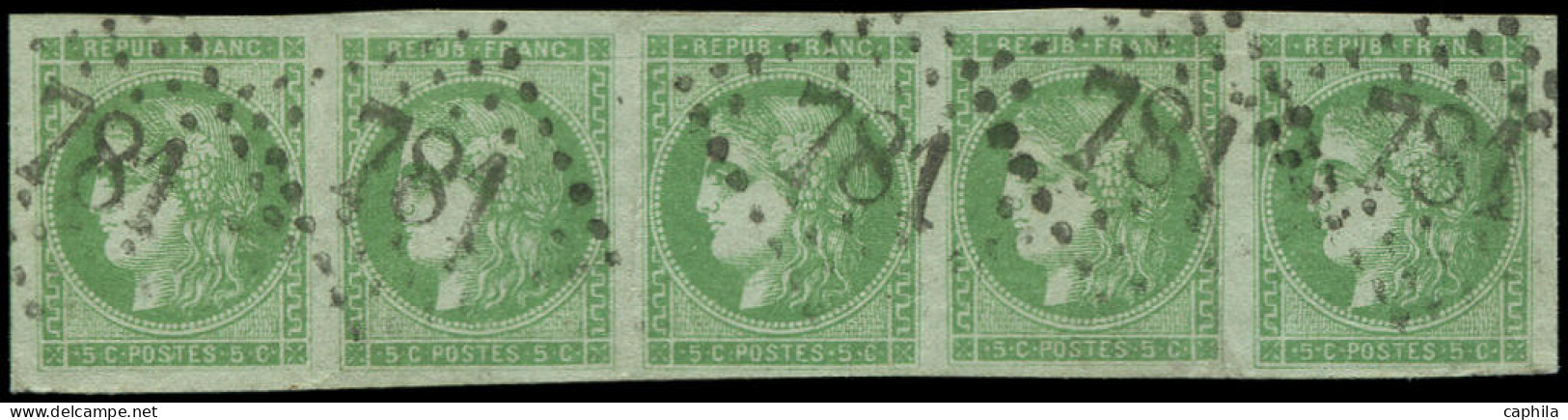 O FRANCE - Poste - 42B, Bande De 5 Horizontal, Signée Calves, Léger Plis: 5c. Vert-jaune - 1870 Bordeaux Printing