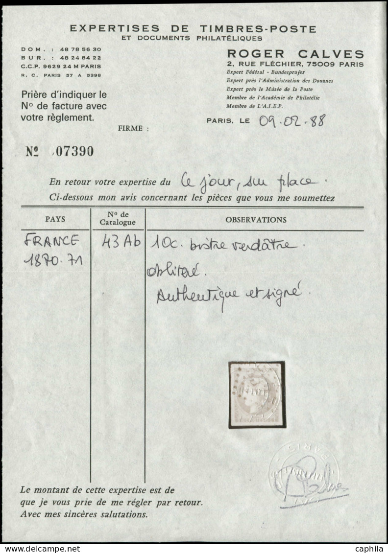 O FRANCE - Poste - 43Ab, Oblitération GC 532, Certificat Calves, Belles Marges: 10c. Bistre-verdâtre - 1870 Emission De Bordeaux