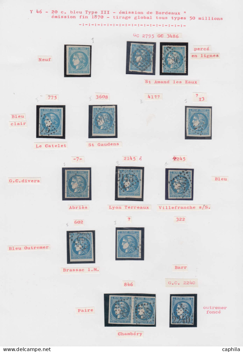 O FRANCE - Poste - 46B, 1 Exemplaire Neuf, 11 Unités, Une Paire Et 4 Lettres, Nuances, Et Oblitérations Diverses - 1870 Bordeaux Printing