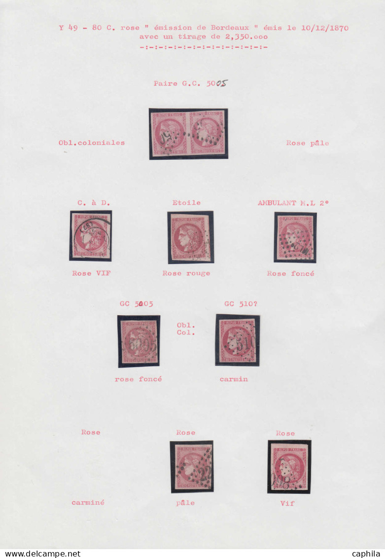 O FRANCE - Poste - 49, 7 Unités Et Une Pourpre, Nuances Et Oblitérations Diverses, Dont GC 5005 (2), 2 Exemplaires TB - 1870 Bordeaux Printing