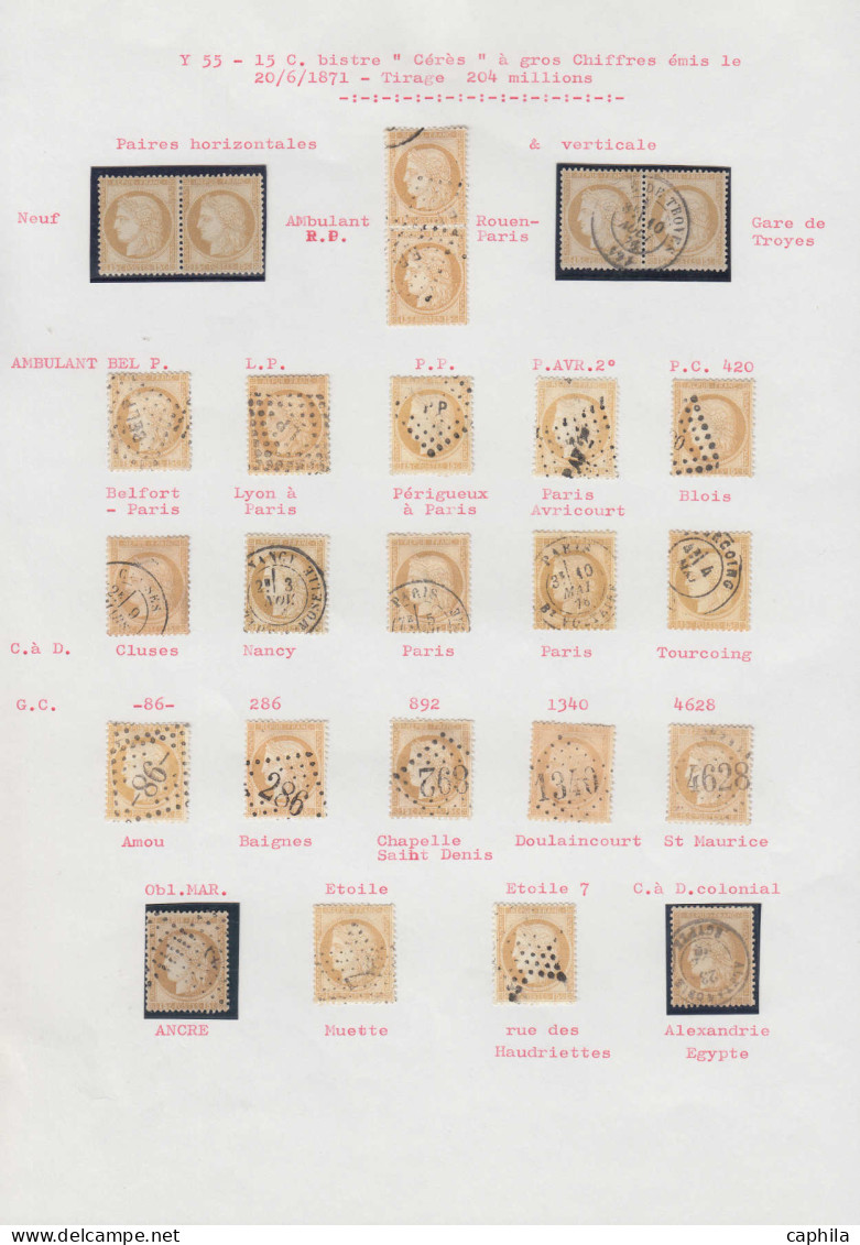 O FRANCE - Poste - 55, Une Paire Signée Brun, 19 Unités Et 2 Paires, Oblitérations Diverses Dont Ancre Et Cad Alexandrie - 1871-1875 Cérès