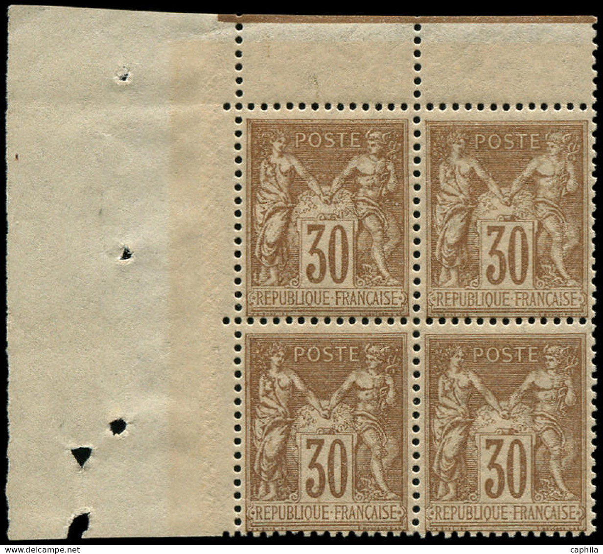 ** FRANCE - Poste - 80, Bloc De 4 Coin De Feuille: 30c. Brun-jaune - 1876-1898 Sage (Type II)