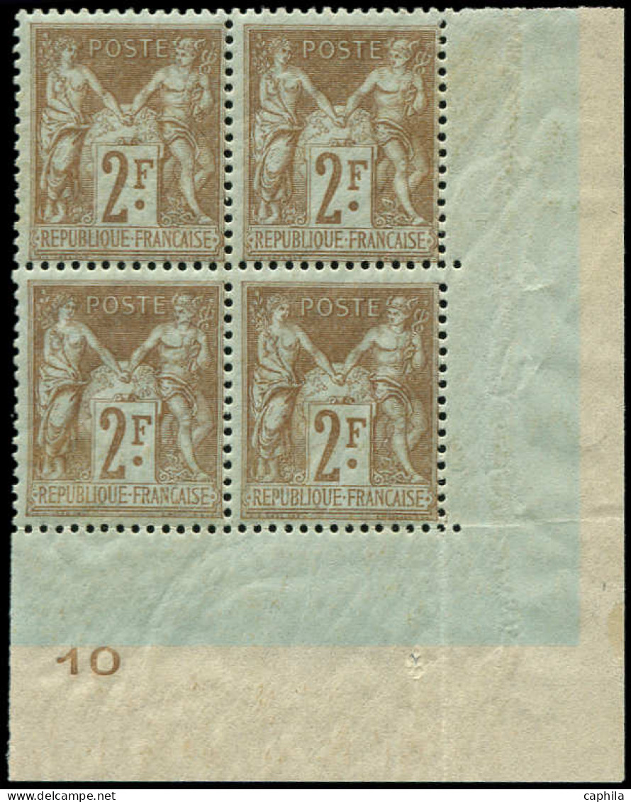 ** FRANCE - Poste - 105, Bloc De 4 Cdf Avec Numéro 10: 2f. Bistre S. Azuré - 1898-1900 Sage (Type III)