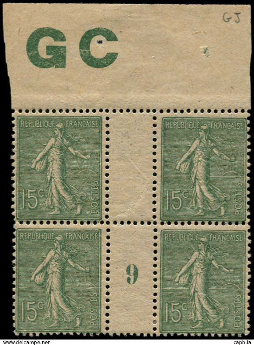 ** FRANCE - Poste - 130j, Type IV, Bloc De 4 Millésime "9" (* Sur Mill), Manchette GC: 15c. Semeuse Vert - Neufs