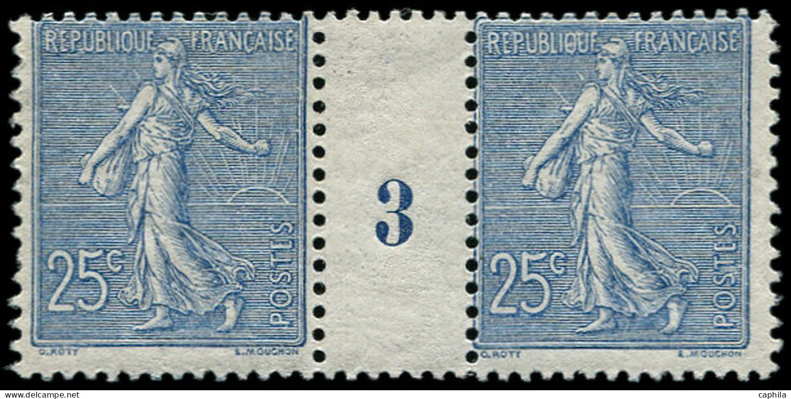 ** FRANCE - Poste - 132, Paire Millésime "3", 25c. Semeuse Bleu - Unused Stamps