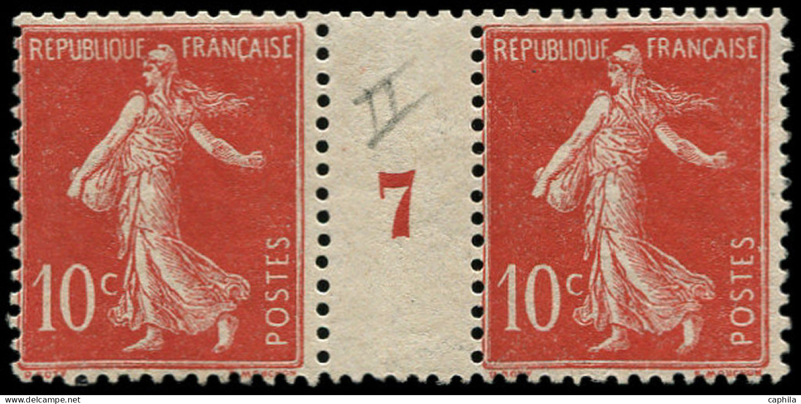 ** FRANCE - Poste - 135b, Type IIa, Paire Millésime "7", Pli Sur Millésime: 10c. Semeuse Rouge - Ungebraucht