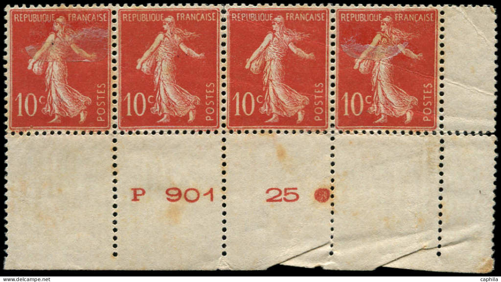 ** FRANCE - Poste - 135f, Bande 4 Recto-verso, * Sur 2 Ex. Et Rousseurs Sur Bdf + Plis Transversaux: 10c. Rouge - Unused Stamps