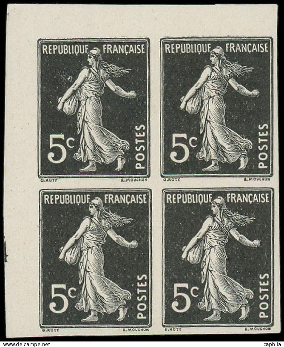 ESS FRANCE - Poste - 137, Bloc De 4, Essais Non Dentelés En Noir, Signé Scheller (amorce Mill. 4), 2 Ex **: 5c. Semeuse - Unused Stamps