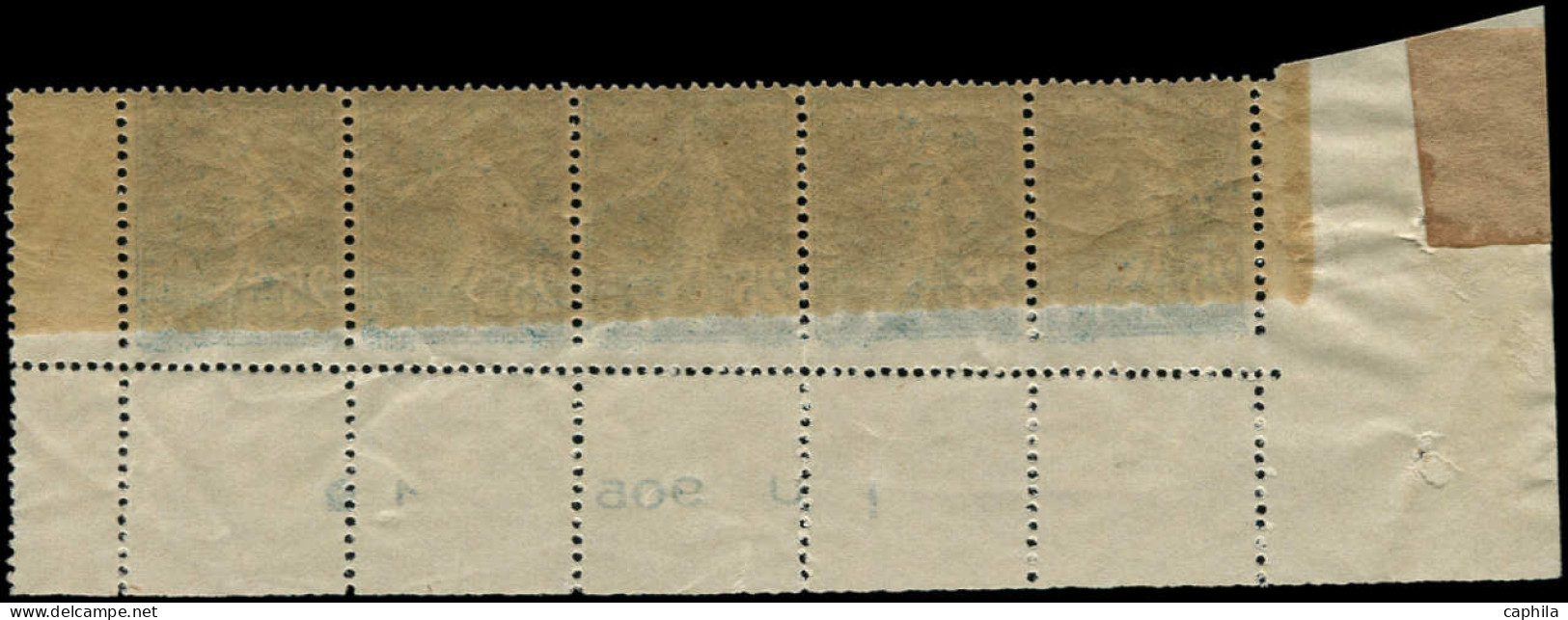 ** FRANCE - Poste - 140, Bande De 5 Piquage Oblique, Bdf: 25c. Semeuse Bleu - Unused Stamps